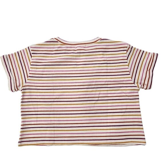 Lush NWT Multicolor Stripe Crop Tee Womens M White Pink Knit Notched Collar - Picture 4 of 9